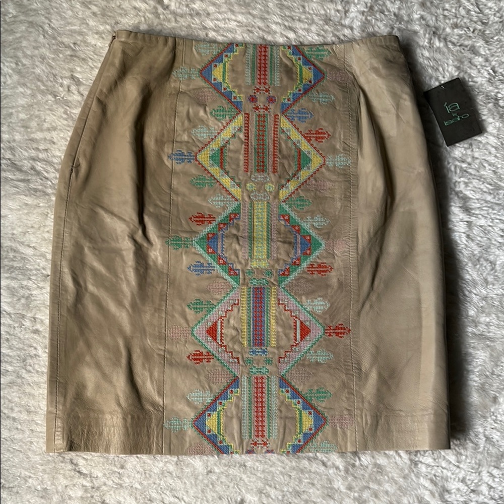 Anthropologie Tan Leather Skirt with Multicolored Cross Stitch Design [rare]